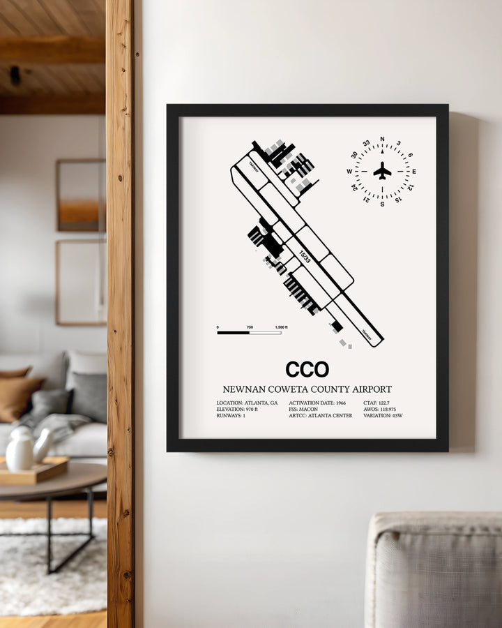 Framed Detailed Airport Map of Newnan Coweta County Airport (CCO) in White with a Black Frame