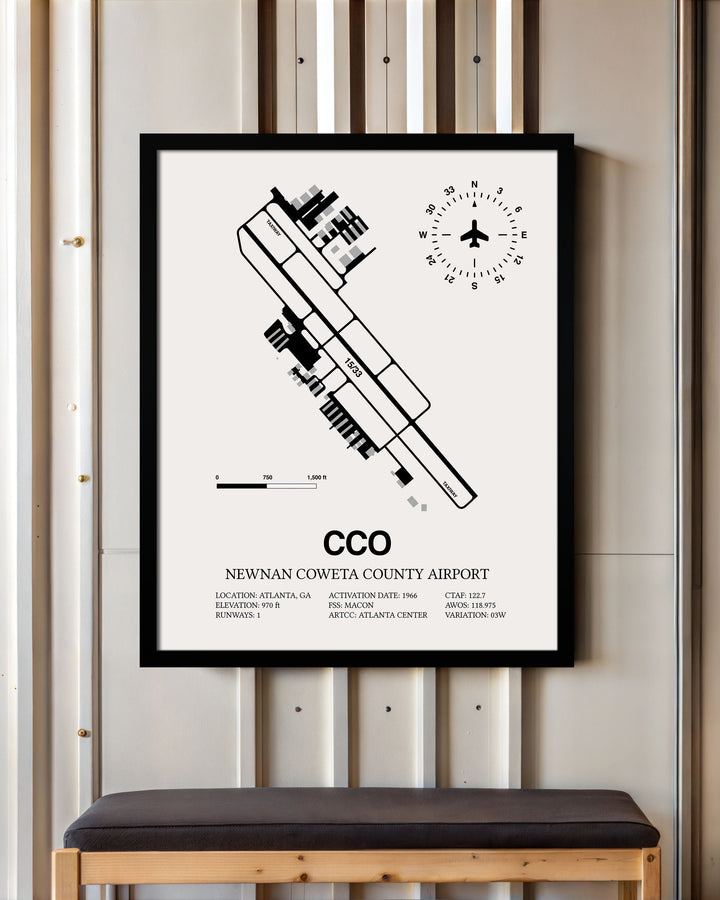 Framed Detailed Airport Map of Newnan Coweta County Airport (CCO) in White with a Black Frame