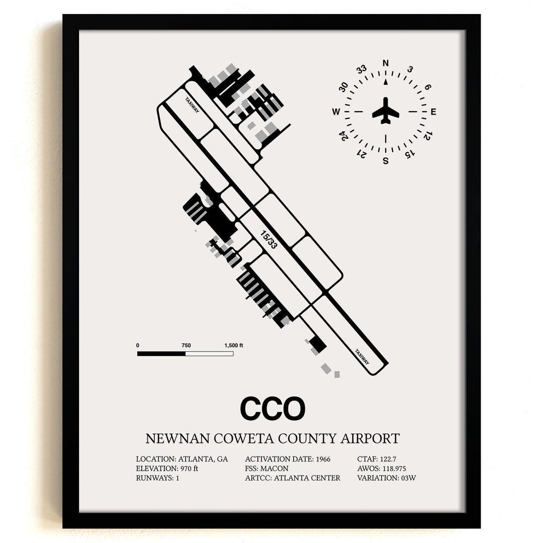 Framed Detailed Airport Map of Newnan Coweta County Airport (CCO) in White with a Black Frame