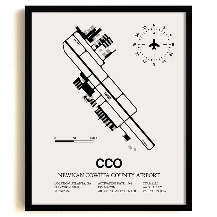 Framed Detailed Airport Map of Newnan Coweta County Airport (CCO) in White with a Black Frame