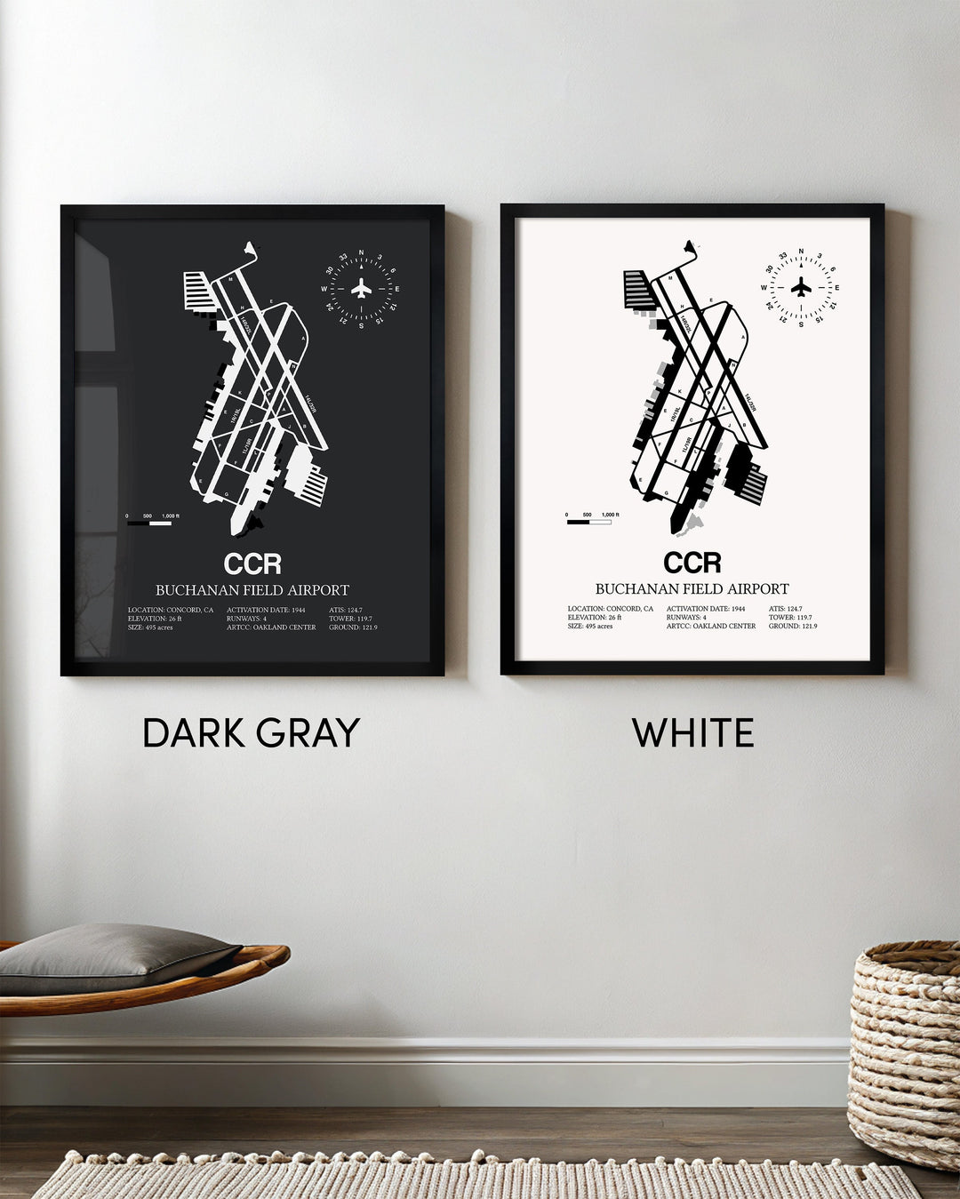 Framed Detailed Airport Map of Buchanan Field (CCR) in White and Gray