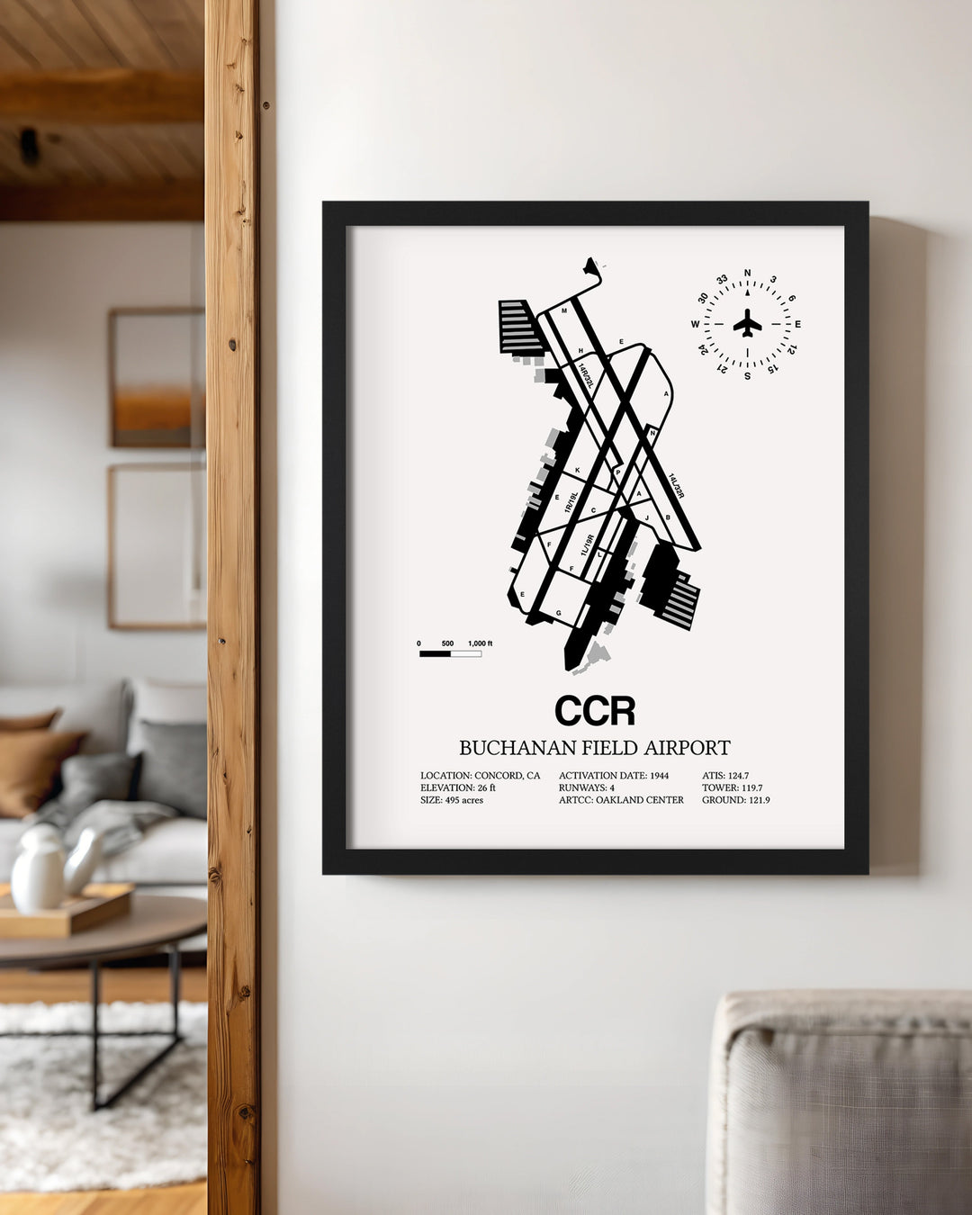 Framed Detailed Airport Map of Buchanan Field (CCR) in White with a Black Frame