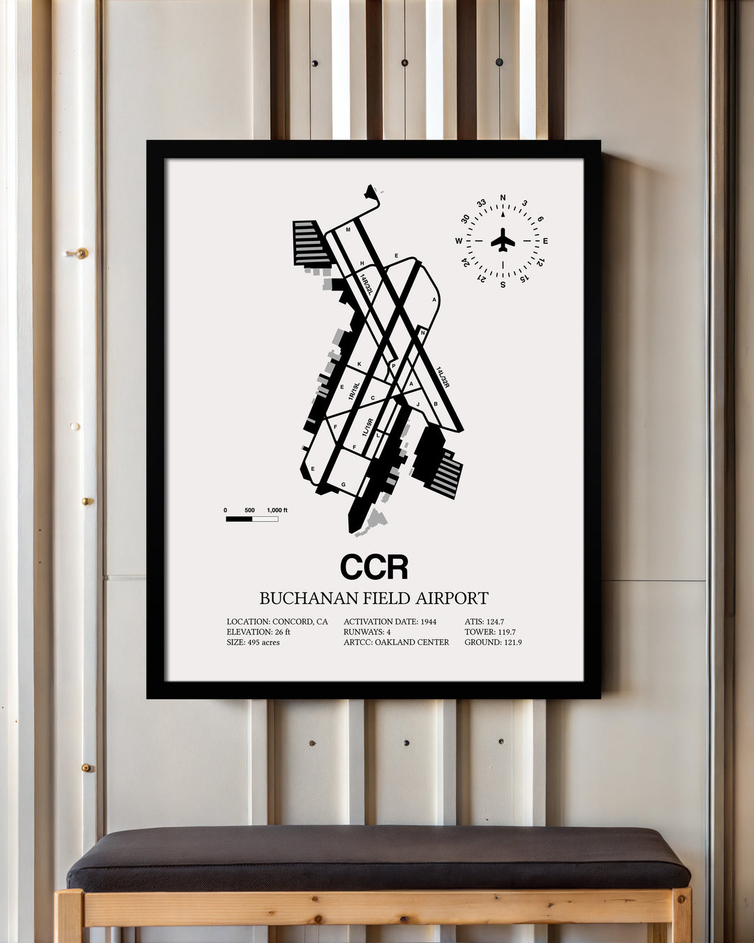Framed Detailed Airport Map of Buchanan Field (CCR) in White with a Black Frame