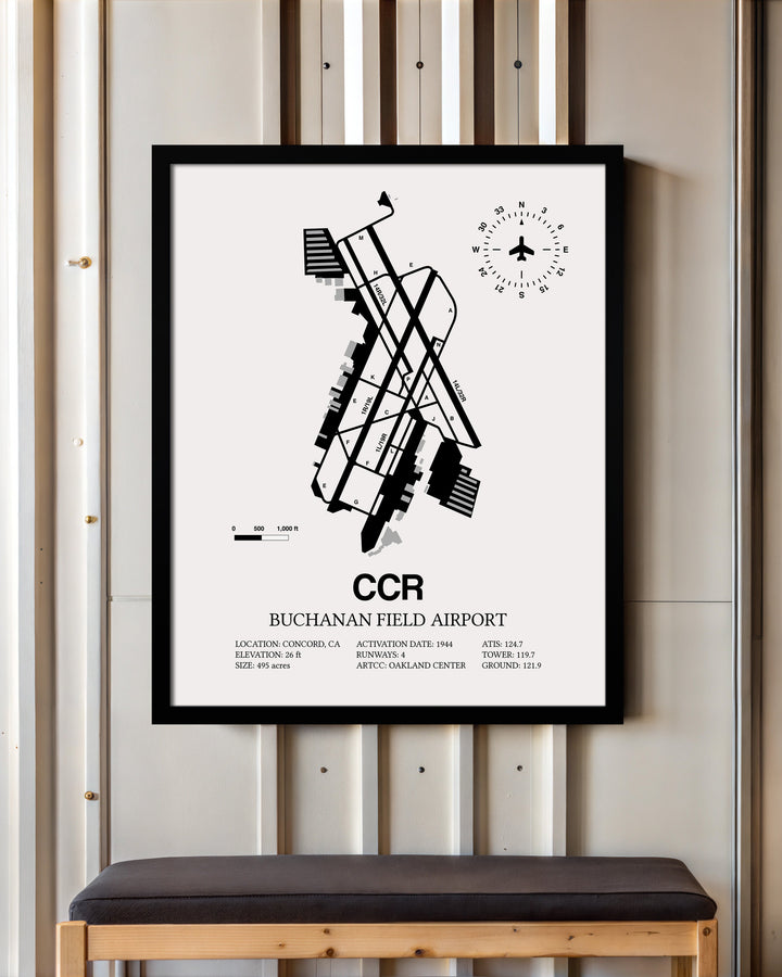 Framed Detailed Airport Map of Buchanan Field (CCR) in White with a Black Frame