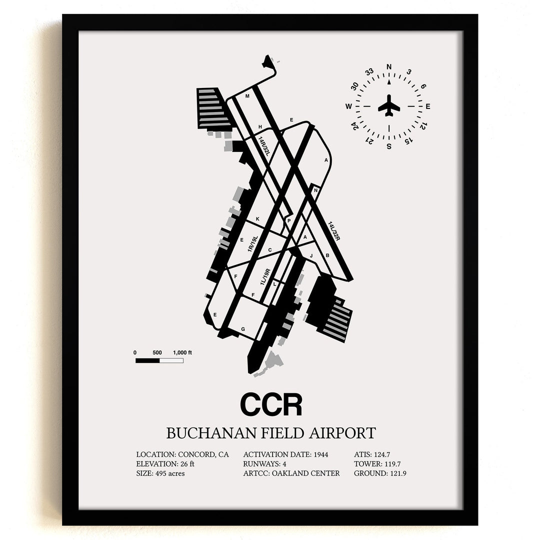 Framed Detailed Airport Map of Buchanan Field (CCR) in White with a Black Frame