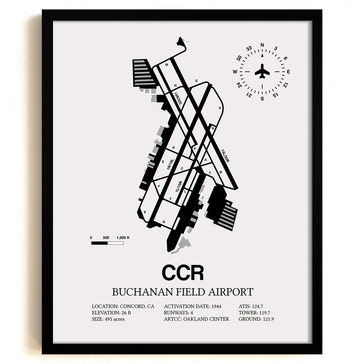 Framed Detailed Airport Map of Buchanan Field (CCR) in White with a Black Frame