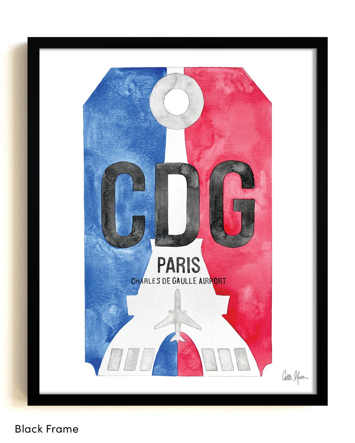 Framed Watercolor Print of Paris Charles de Gaulle Airport (CDG) with a Black Frame