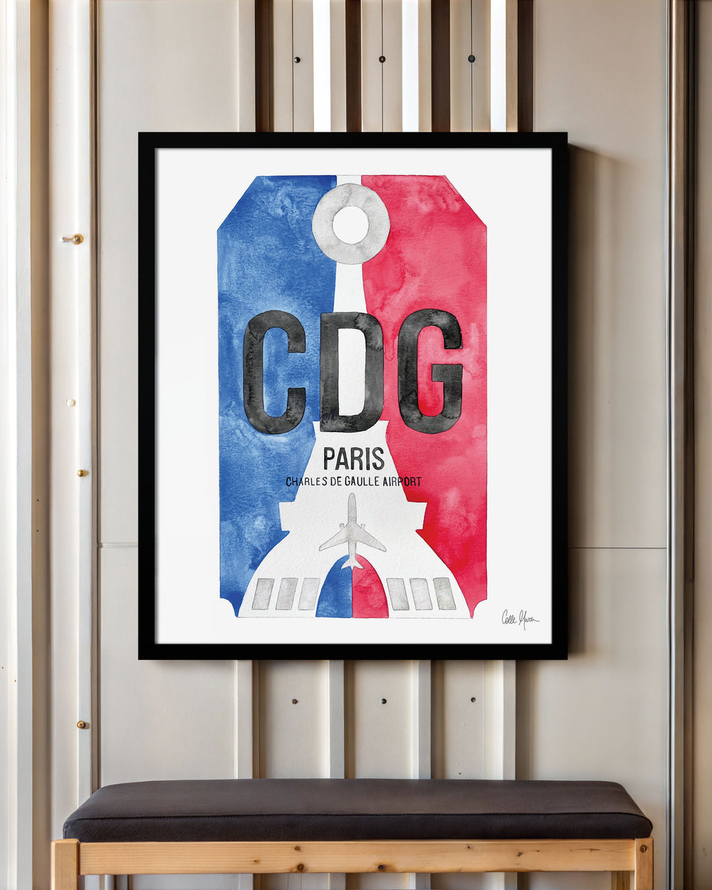 Framed Watercolor Print of Paris Charles de Gaulle Airport (CDG) with a Black Frame