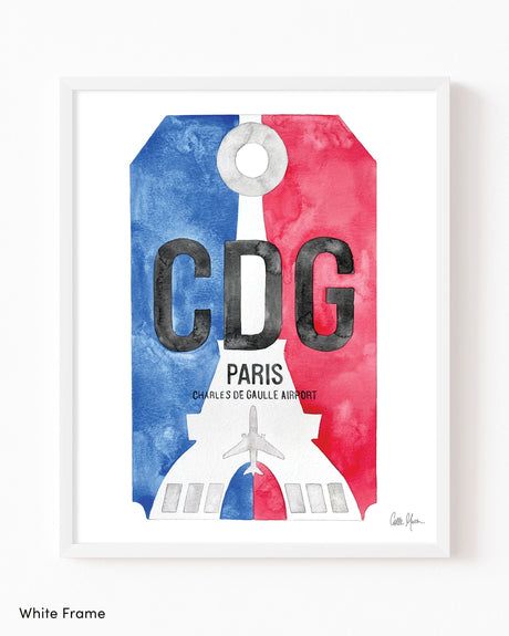 Framed Watercolor Print of Paris Charles de Gaulle Airport (CDG) with a White Frame