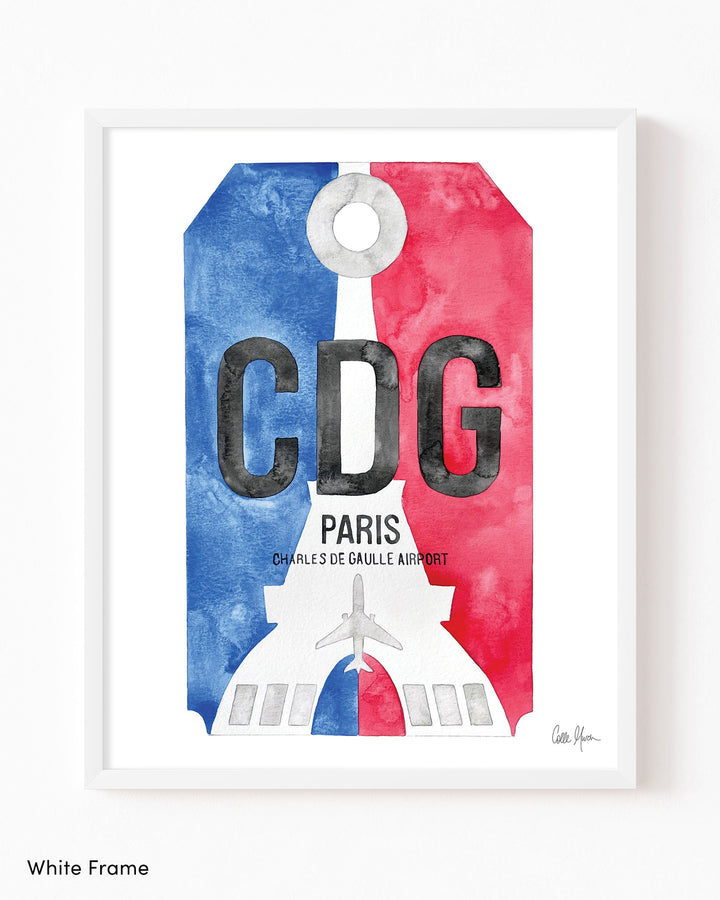 Framed Watercolor Print of Paris Charles de Gaulle Airport (CDG) with a White Frame