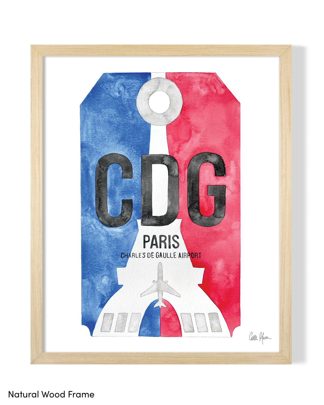 Framed Watercolor Print of Paris Charles de Gaulle Airport (CDG) with a Natural Wood Frame