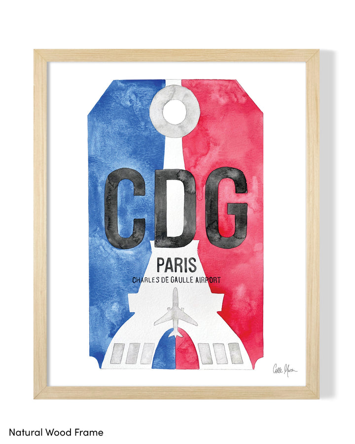 Framed Watercolor Print of Paris Charles de Gaulle Airport (CDG) with a Natural Wood Frame