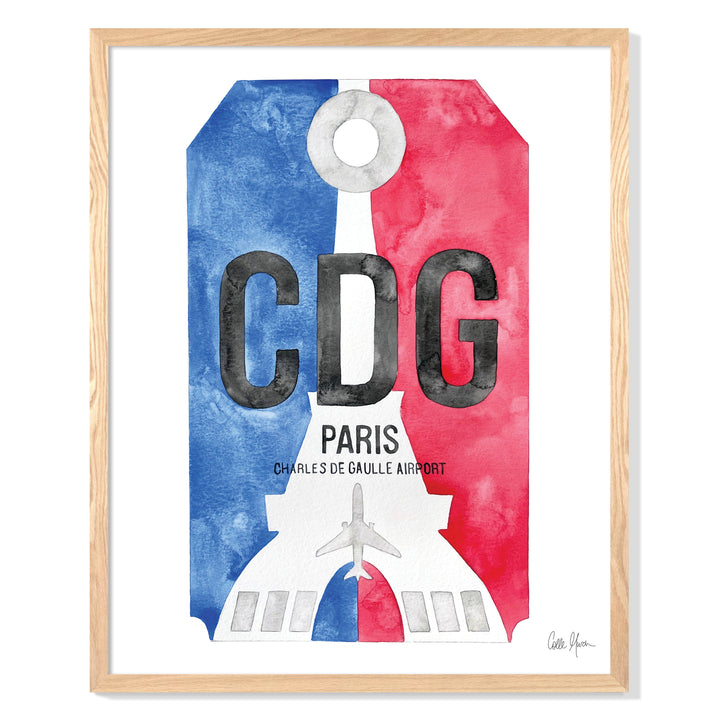 Framed Watercolor Print of Paris Charles de Gaulle Airport (CDG) with an Oak Frame