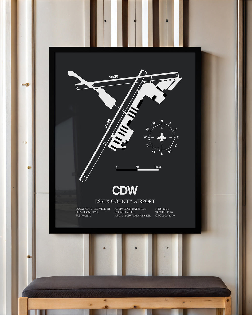 Framed Detailed Airport Map of Essex County Airport (CDW) in Gray with a Black Frame