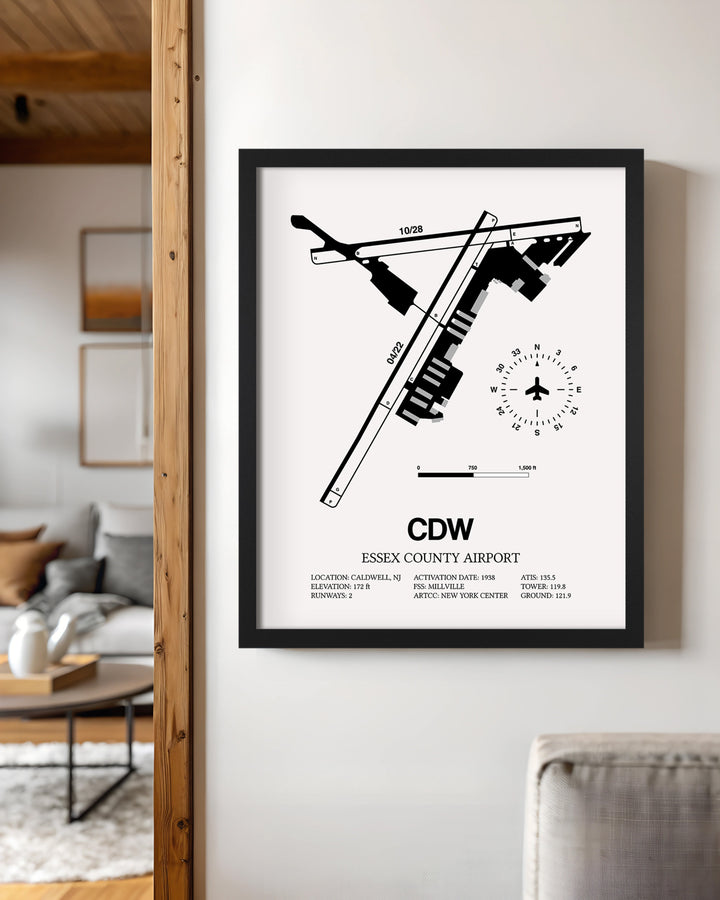 Framed Detailed Airport Map of Essex County Airport (CDW) in White with a Black Frame