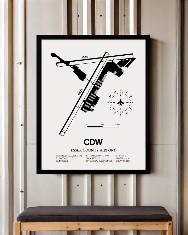 Framed Detailed Airport Map of Essex County Airport (CDW) in White with a Black Frame
