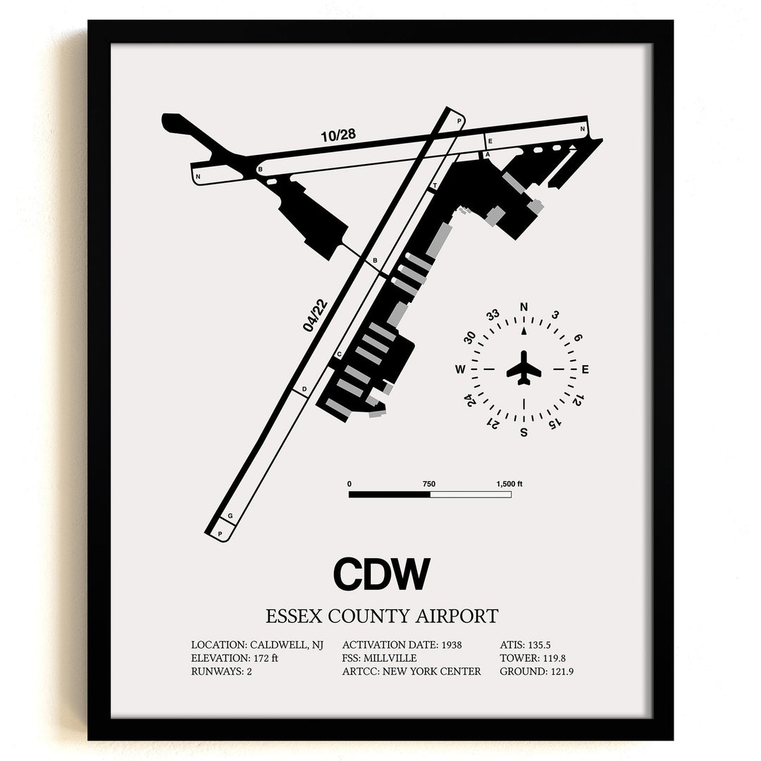 Framed Detailed Airport Map of Essex County Airport (CDW) in White with a Black Frame