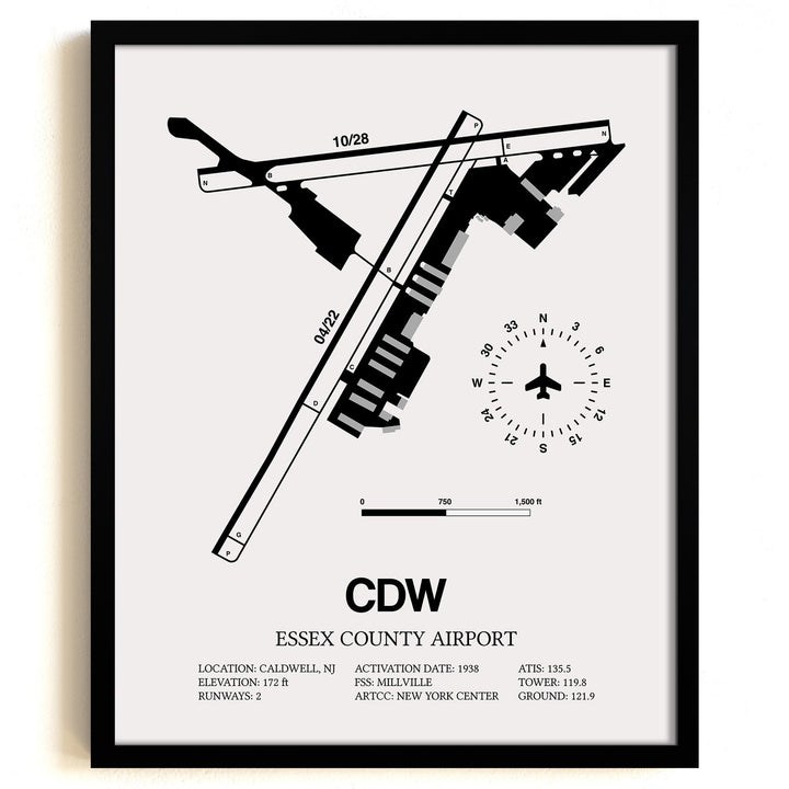 Framed Detailed Airport Map of Essex County Airport (CDW) in White with a Black Frame