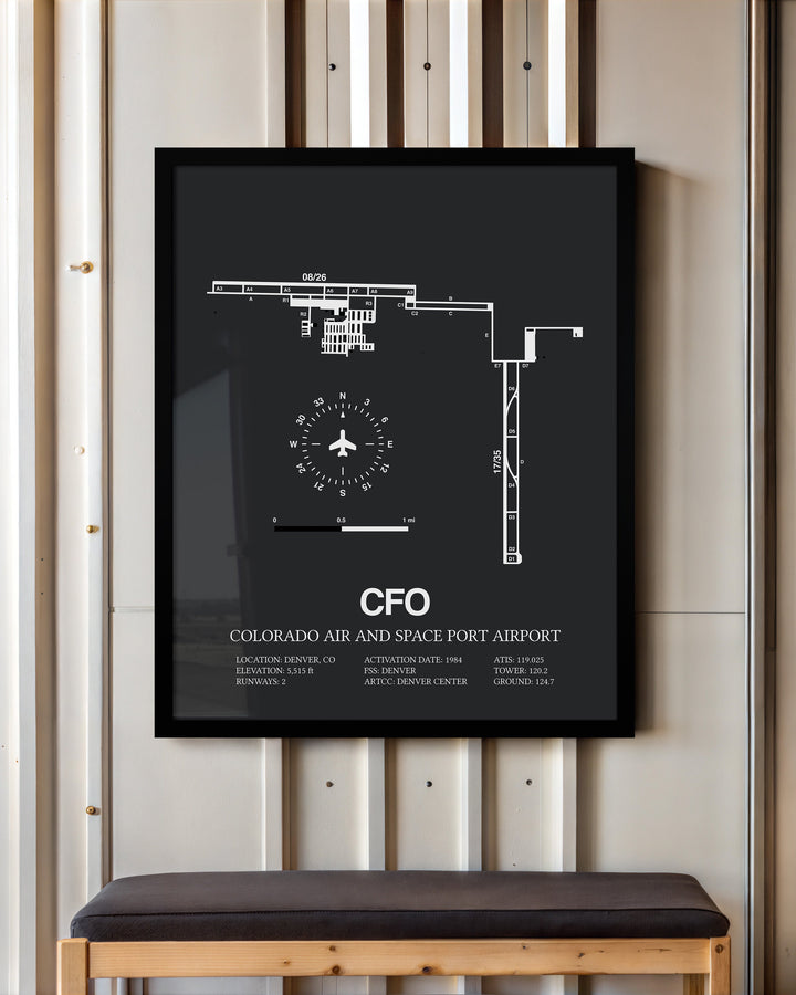 Framed Detailed Airport Map of Colorado Air and Space Port Airport (CFO) in Gray with a Black Frame