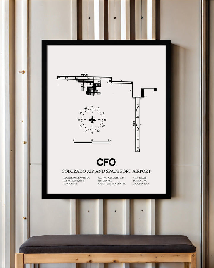 Framed Detailed Airport Map of Colorado Air and Space Port Airport (CFO) in White with a Black Frame