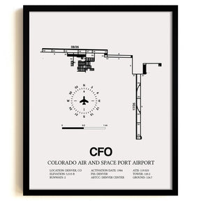 Framed Detailed Airport Map of Colorado Air and Space Port Airport (CFO) in White with a Black Frame