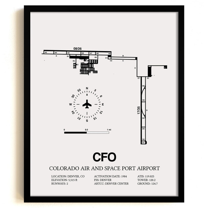 Framed Detailed Airport Map of Colorado Air and Space Port Airport (CFO) in White with a Black Frame