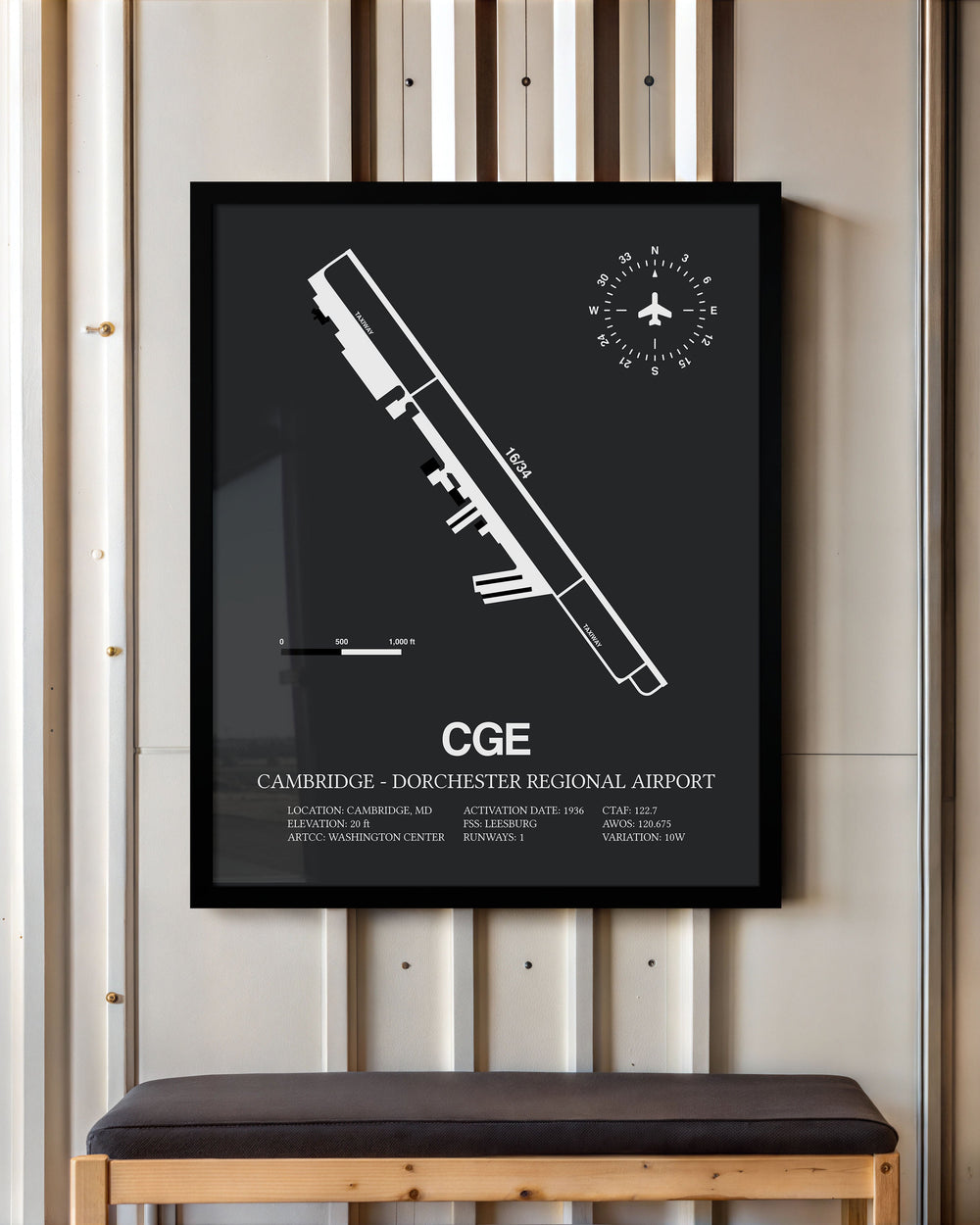 Framed Detailed Airport Map of Cambridge - Dorchester Regional Airport (CGE) in Gray with a Black Frame