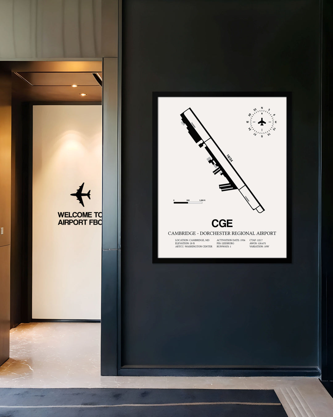 Framed Detailed Airport Map of Cambridge - Dorchester Regional Airport (CGE) in White with a Black Frame