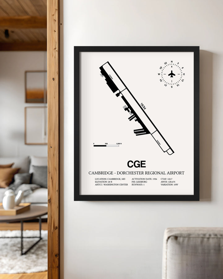 Framed Detailed Airport Map of Cambridge - Dorchester Regional Airport (CGE) in White with a Black Frame