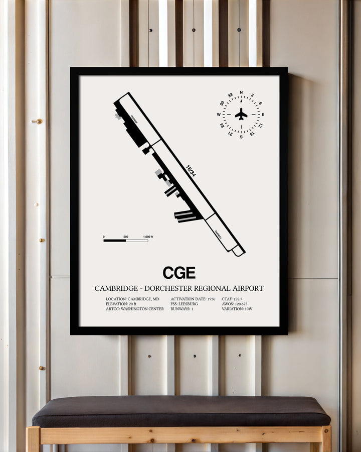 Framed Detailed Airport Map of Cambridge - Dorchester Regional Airport (CGE) in White with a Black Frame