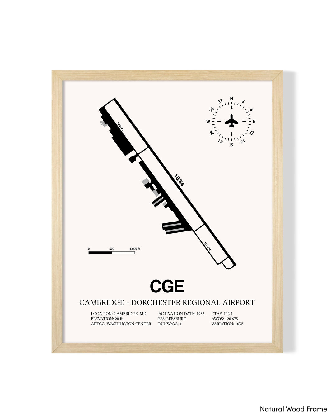 Detailed Airport Map of Cambridge - Dorchester Regional Airport (CGE) in White with a Natural Frame