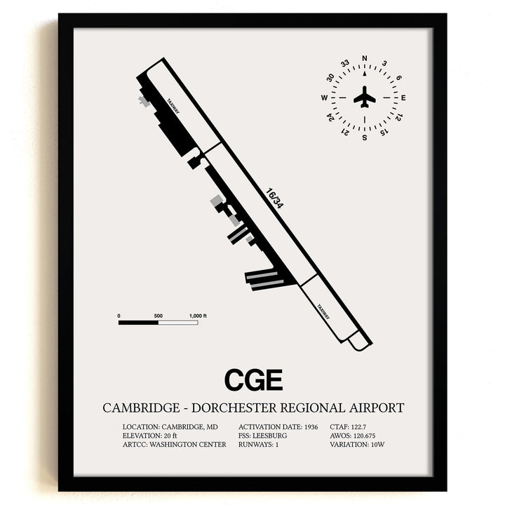 Framed Detailed Airport Map of Cambridge - Dorchester Regional Airport (CGE) in White with a Black Frame