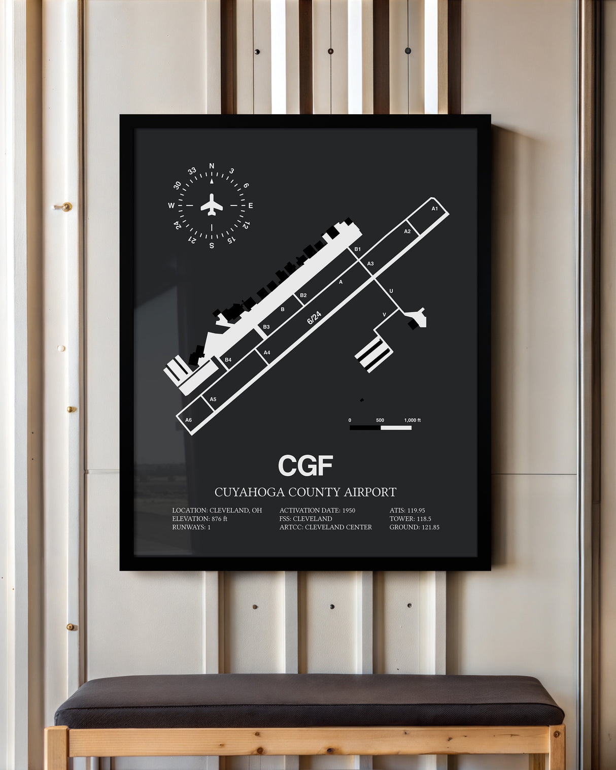 Framed Detailed Airport Map of Cuyahoga County Airport (CGF) in Gray with a Black Frame