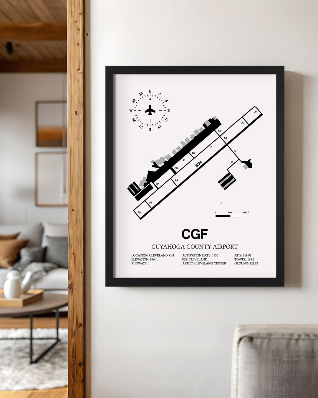 Framed Detailed Airport Map of Cuyahoga County Airport (CGF) in White with a Black Frame