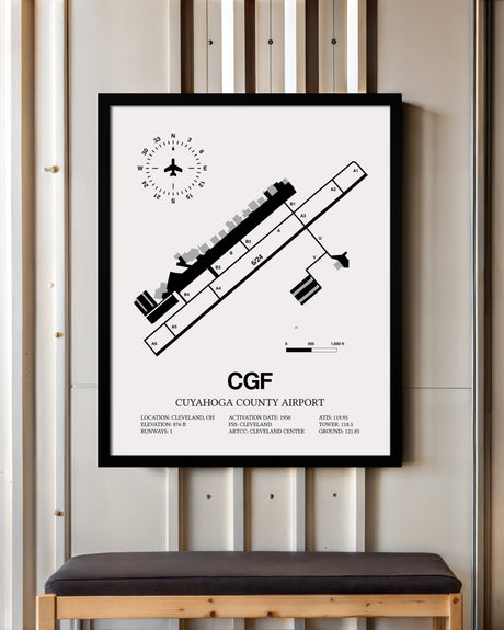 Framed Detailed Airport Map of Cuyahoga County Airport (CGF) in White with a Black Frame