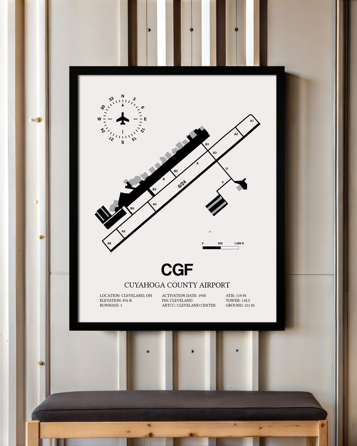 Framed Detailed Airport Map of Cuyahoga County Airport (CGF) in White with a Black Frame