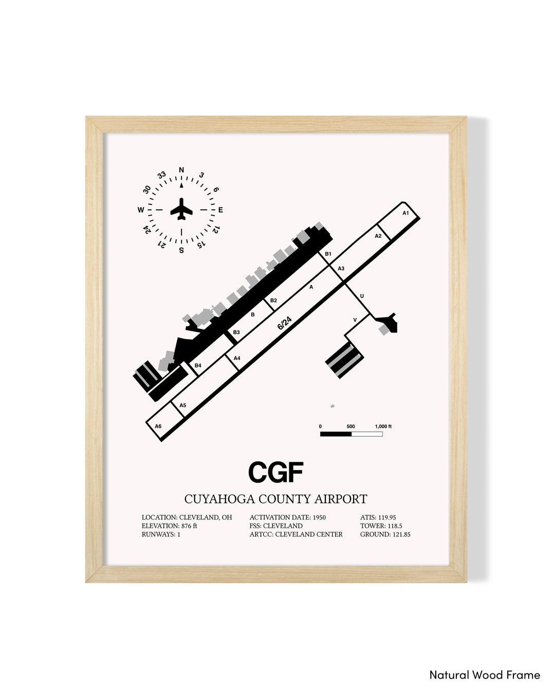 Detailed Airport Map of Cuyahoga County Airport (CGF) in White with a Natural Frame