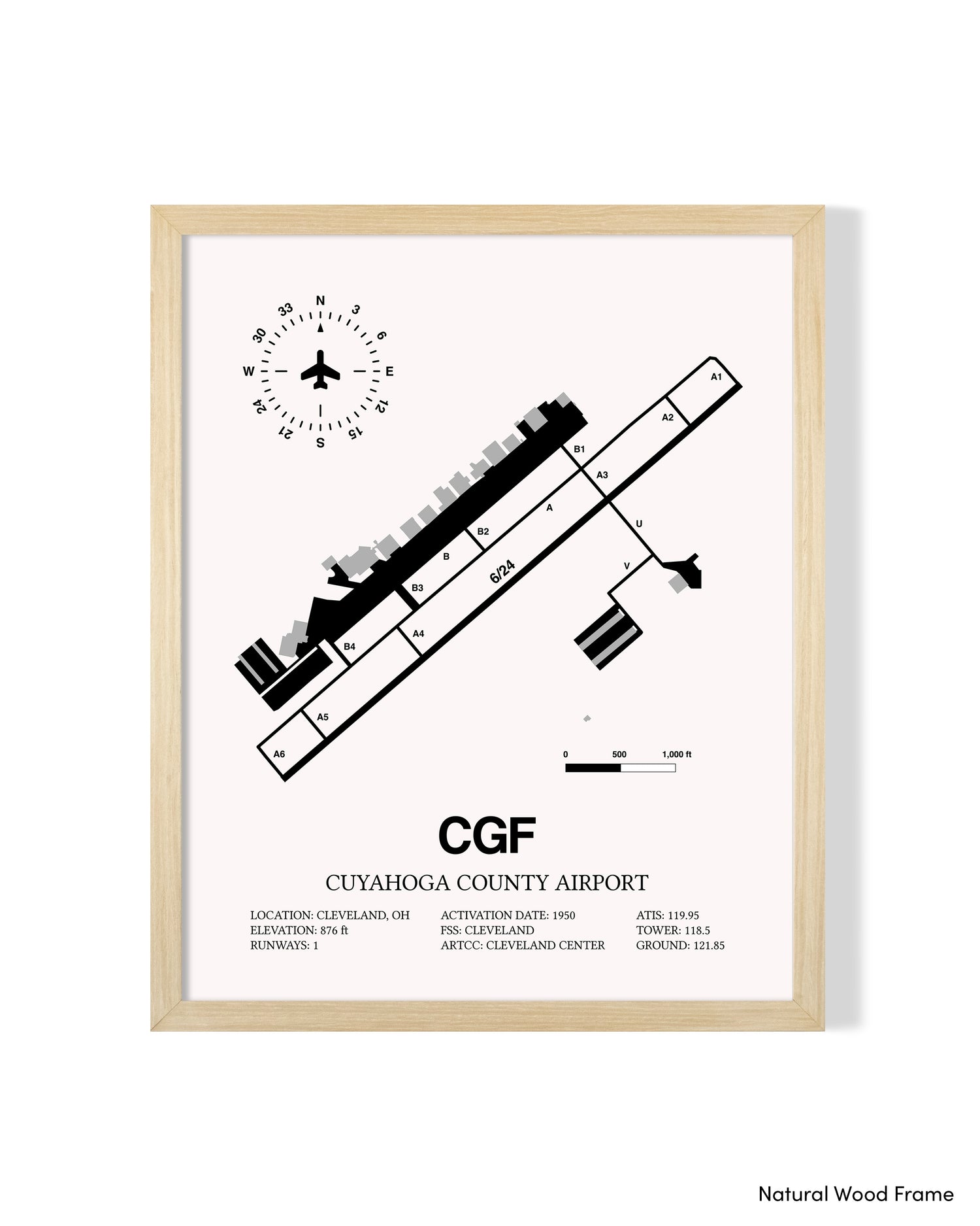 Detailed Airport Map of Cuyahoga County Airport (CGF) in White with a Natural Frame