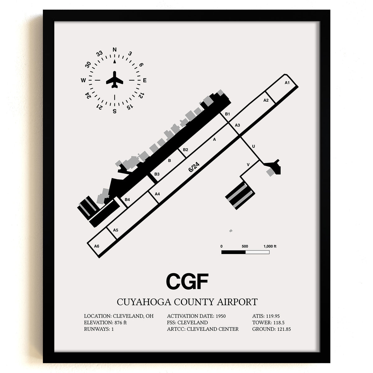 Framed Detailed Airport Map of Cuyahoga County Airport (CGF) in White with a Black Frame