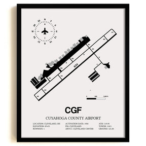 Framed Detailed Airport Map of Cuyahoga County Airport (CGF) in White with a Black Frame