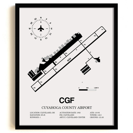 Framed Detailed Airport Map of Cuyahoga County Airport (CGF) in White with a Black Frame