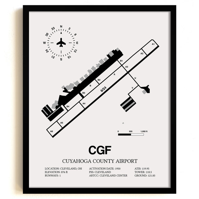 Framed Detailed Airport Map of Cuyahoga County Airport (CGF) in White with a Black Frame