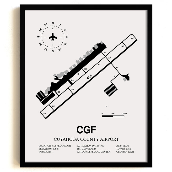 Framed Detailed Airport Map of Cuyahoga County Airport (CGF) in White with a Black Frame