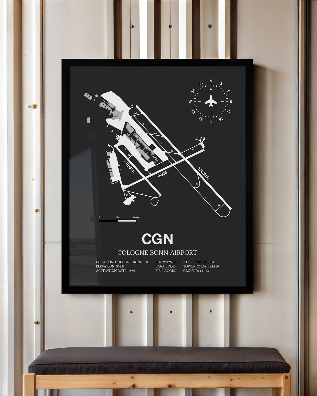 Framed Detailed Airport Map of Cologne Bonn Airport (CGN) in Gray with a Black Frame