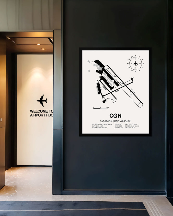 Framed Detailed Airport Map of Cologne Bonn Airport (CGN) in White with a Black Frame