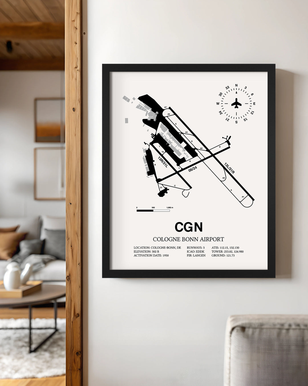 Framed Detailed Airport Map of Cologne Bonn Airport (CGN) in White with a Black Frame