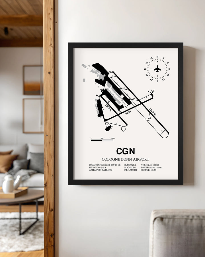 Framed Detailed Airport Map of Cologne Bonn Airport (CGN) in White with a Black Frame