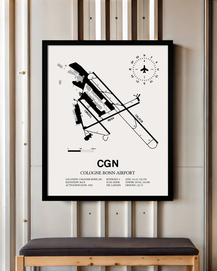 Framed Detailed Airport Map of Cologne Bonn Airport (CGN) in White with a Black Frame