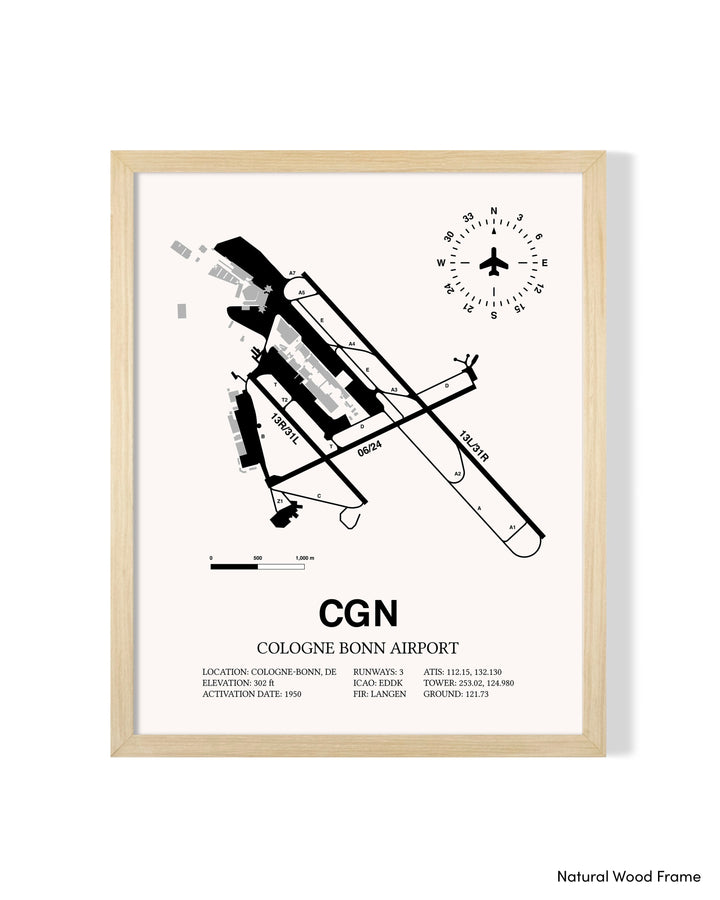 Detailed Airport Map of Cologne Bonn Airport (CGN) in White with a Natural Frame