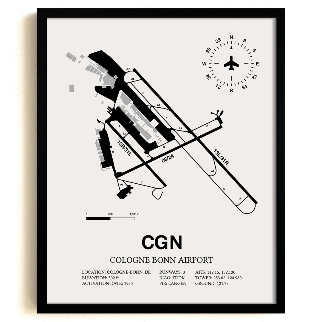Framed Detailed Airport Map of Cologne Bonn Airport (CGN) in White with a Black Frame